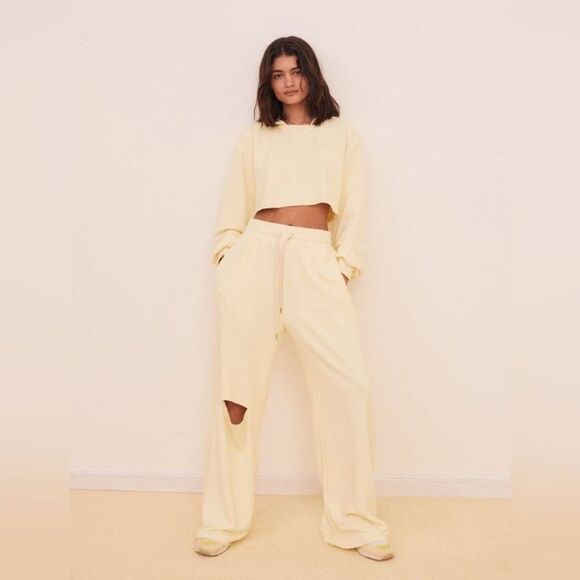 NWT For Love & Lemons Cropped Hoodie & Sweatpant 2Pc Tracksuit Set Yellow XXS - Picture 1 of 14